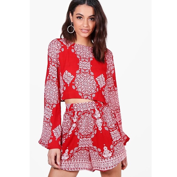 Boohoo Red Tribal Print Shorts Co-Ords Set - Picture 2 of 8